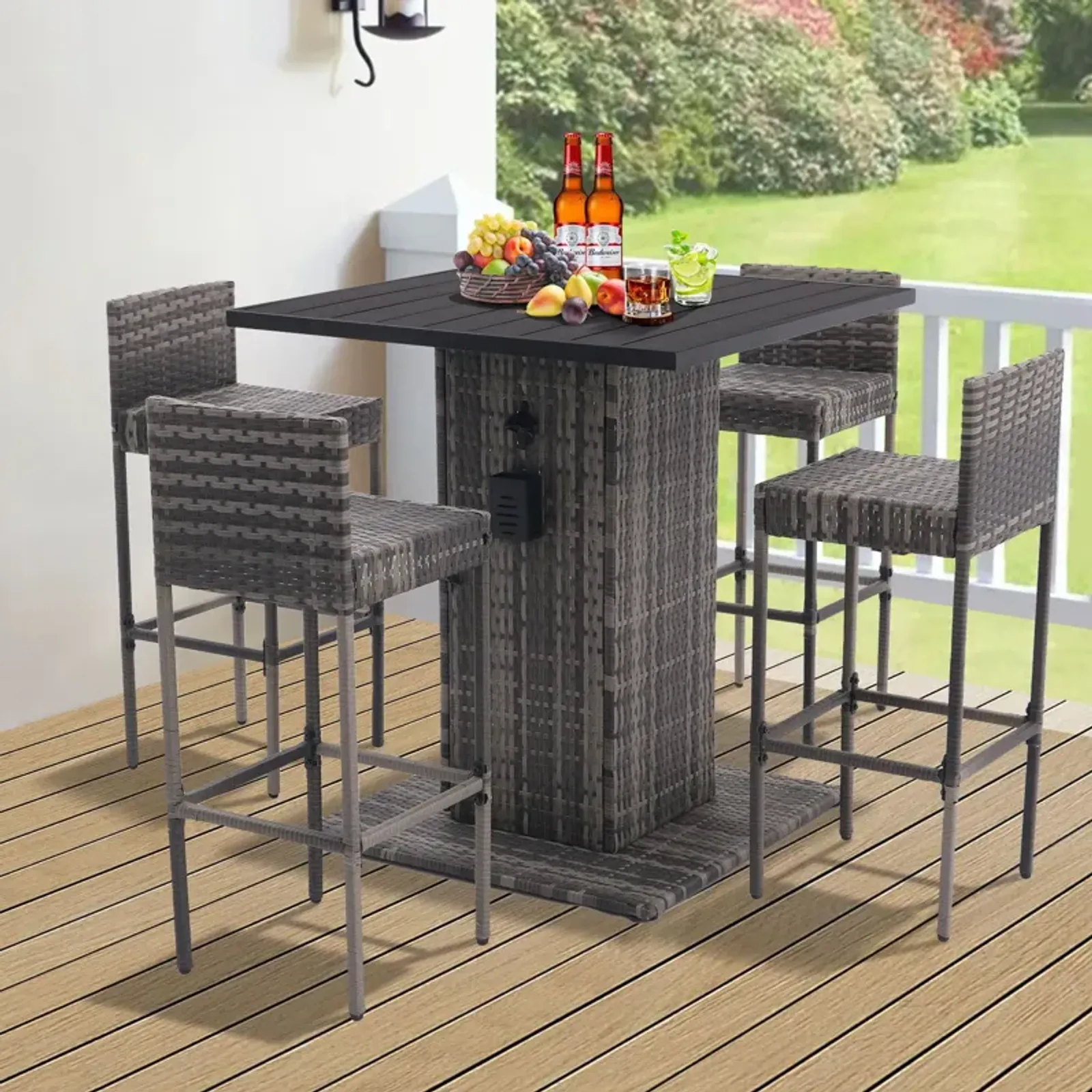 5 Piece Outdoor Conversation Bar Set, All Weather Patio Furniture With Metal Tabletop And Stools