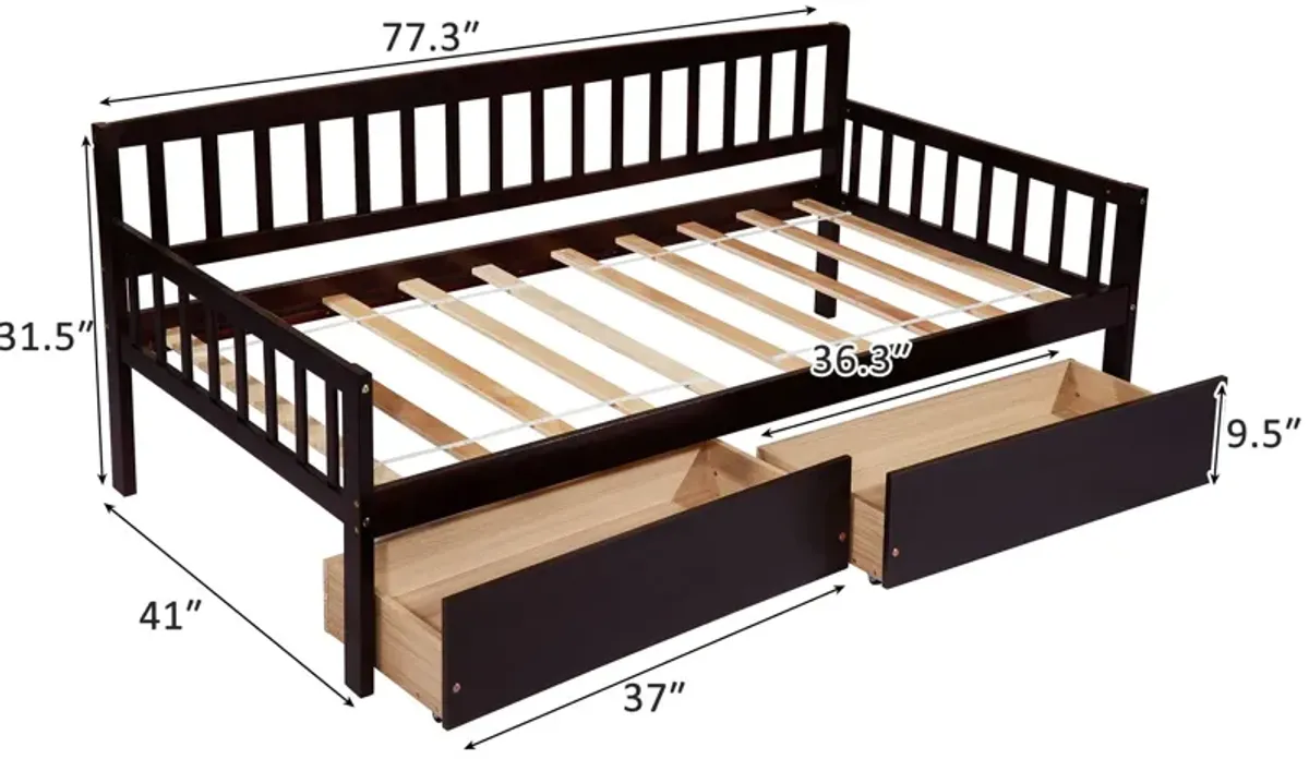 Pine Wood Daybed With Two Storage Drawers, Sofa Bed With Bed Platform Of 10 Support Slats