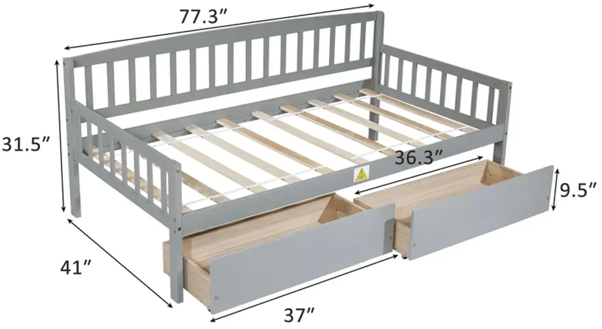 Pine Wood Daybed With Two Storage Drawers, Sofa Bed With Bed Platform Of 10 Support Slats