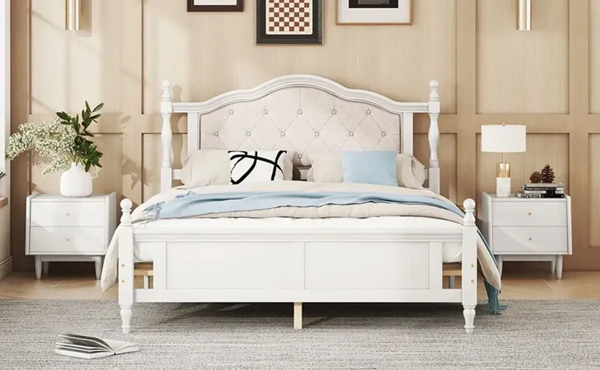 Pine Wooden Bed With Upholstered Headboard And Panel Footboard, With Two Bed Rail Support Feet And Central Platform Support Feet