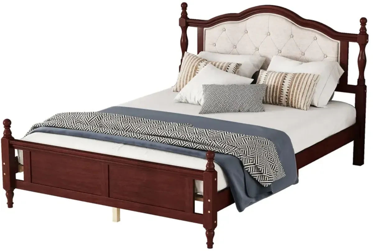 Pine Wooden Bed With Upholstered Headboard And Panel Footboard, With Two Bed Rail Support Feet And Central Platform Support Feet