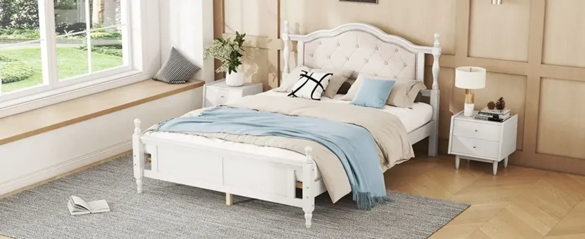 Pine Wooden Bed With Upholstered Headboard And Panel Footboard, With Two Bed Rail Support Feet And Central Platform Support Feet