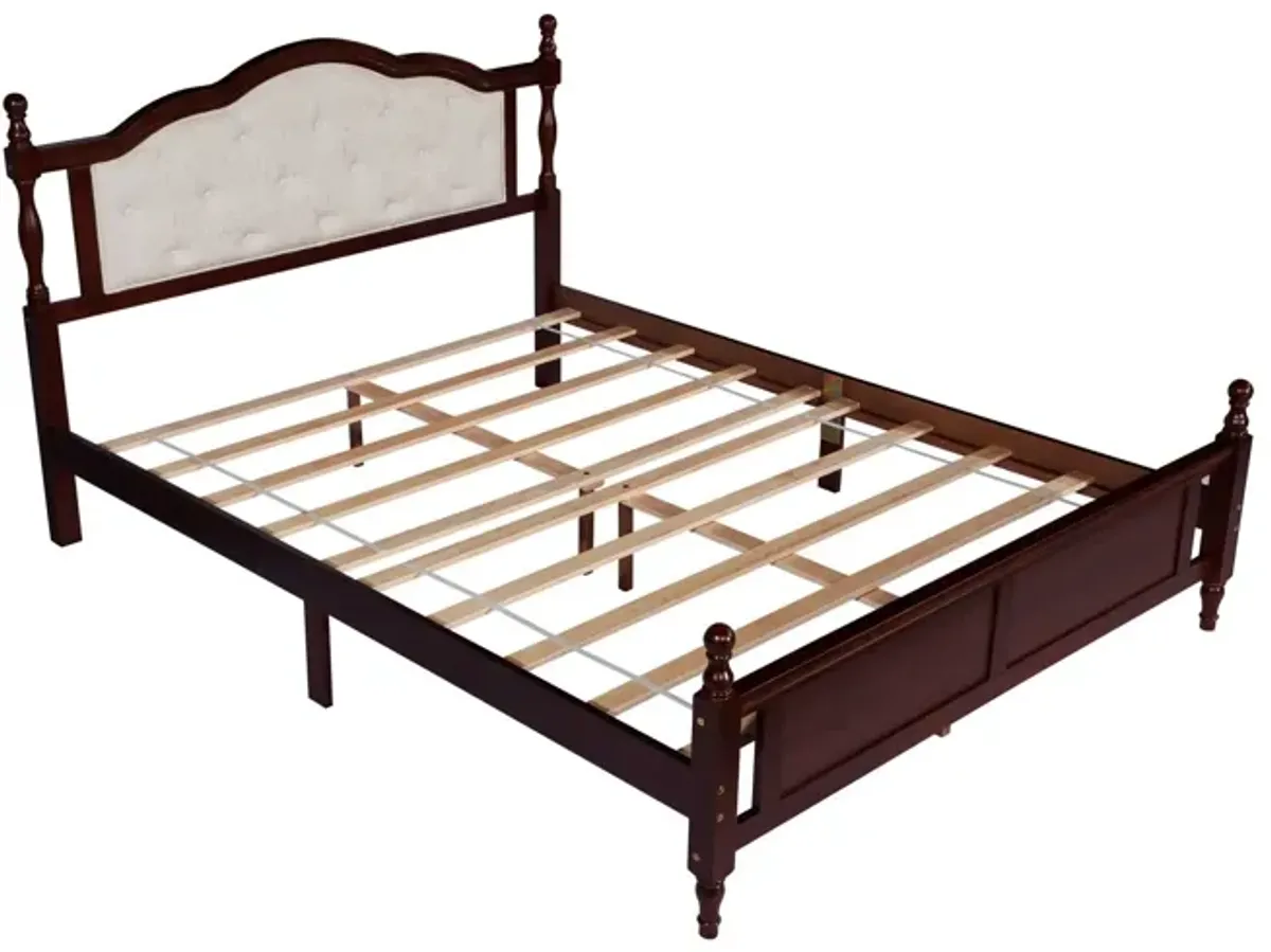 Pine Wooden Bed With Upholstered Headboard And Panel Footboard, With Two Bed Rail Support Feet And Central Platform Support Feet