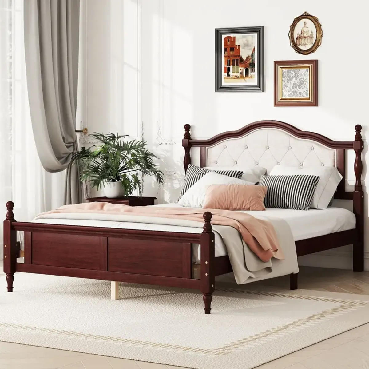 Pine Wooden Bed With Upholstered Headboard And Panel Footboard, With Two Bed Rail Support Feet And Central Platform Support Feet