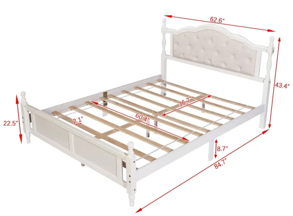 Pine Wooden Bed With Upholstered Headboard And Panel Footboard, With Two Bed Rail Support Feet And Central Platform Support Feet