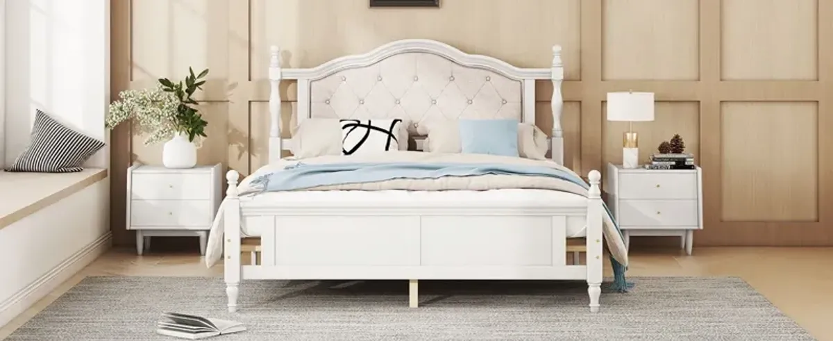 Pine Wooden Bed With Upholstered Headboard And Panel Footboard, With Two Bed Rail Support Feet And Central Platform Support Feet