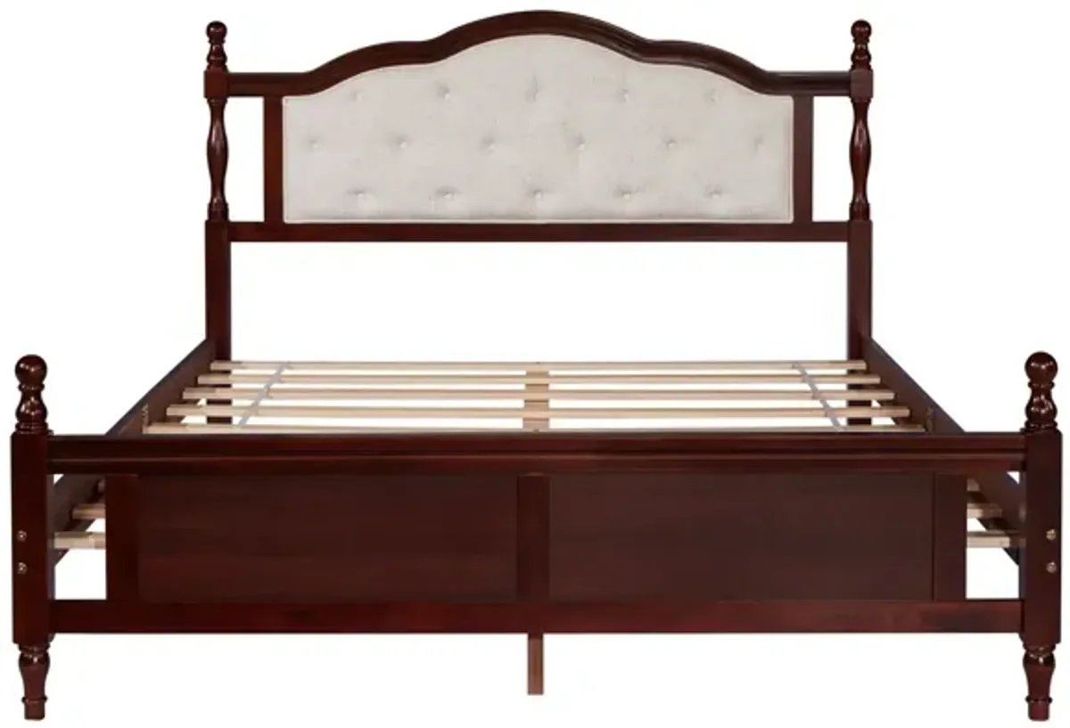 Pine Wooden Bed With Upholstered Headboard And Panel Footboard, With Two Bed Rail Support Feet And Central Platform Support Feet