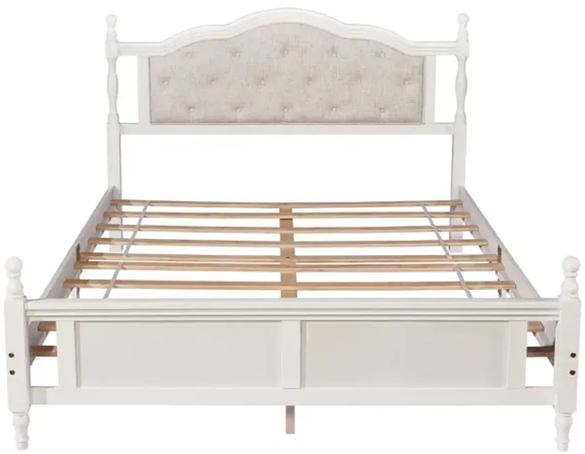 Pine Wooden Bed With Upholstered Headboard And Panel Footboard, With Two Bed Rail Support Feet And Central Platform Support Feet