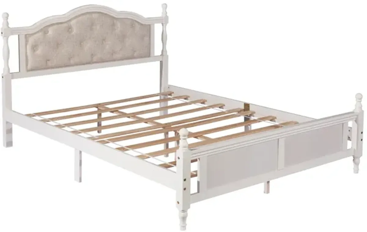 Pine Wooden Bed With Upholstered Headboard And Panel Footboard, With Two Bed Rail Support Feet And Central Platform Support Feet