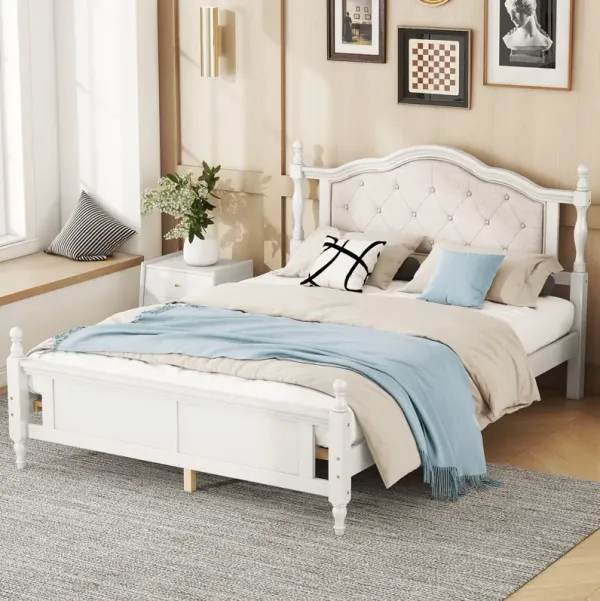 Pine Wooden Bed With Upholstered Headboard And Panel Footboard, With Two Bed Rail Support Feet And Central Platform Support Feet