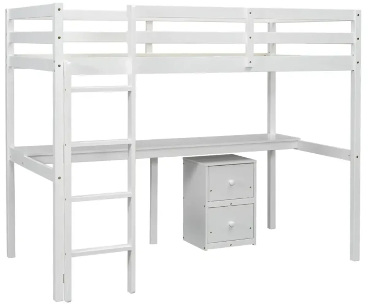 Loft Wood Bed With Under-Bed, Built-In Desk, A Storage Cabinet Of 2 Drawers, Guardrails, Ladder