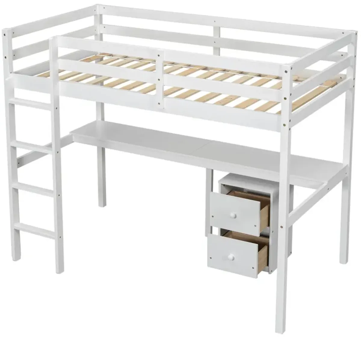 Loft Wood Bed With Under-Bed, Built-In Desk, A Storage Cabinet Of 2 Drawers, Guardrails, Ladder