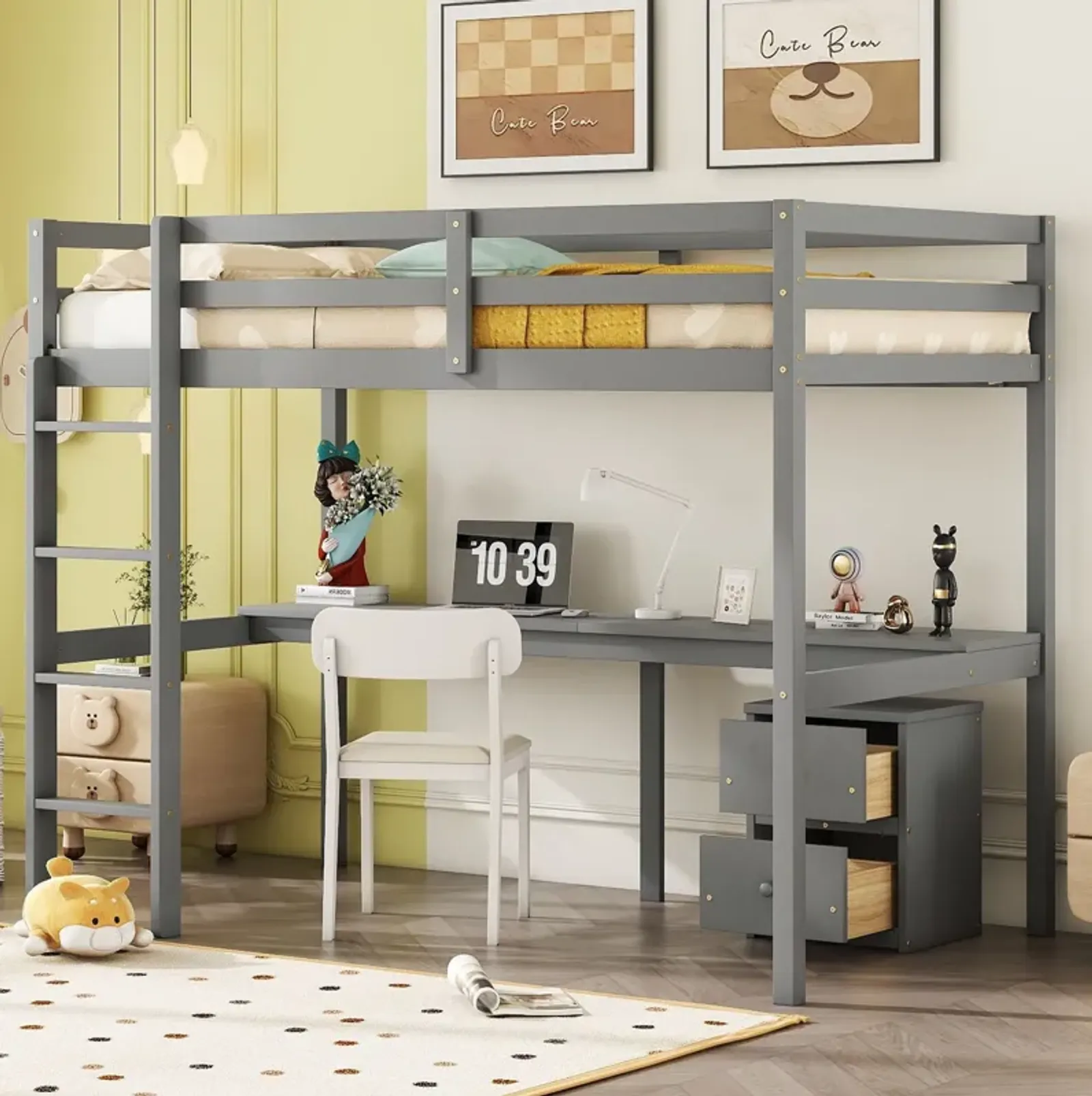 Loft Wood Bed With Under-Bed, Built-In Desk, A Storage Cabinet Of 2 Drawers, Guardrails, Ladder