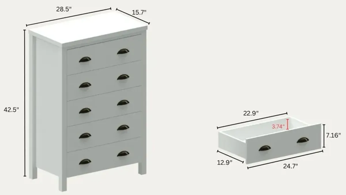 Safari - 5 Drawer Chest With Interlock Drawer Feature Drawer Slide And Interlock Pre-Assembly, Drawer Chest For Closet Tall Dressers For Bedroom Clothes Organizer Tool - Classic White