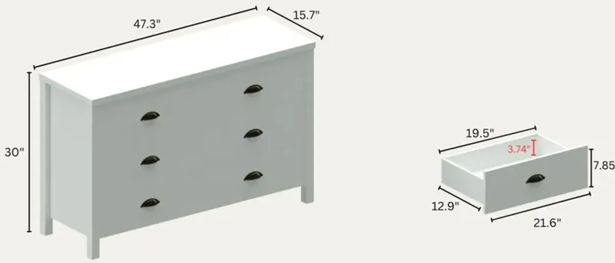 Safari - 6 Drawer Master Dresser With Interlock Drawer Feature Drawer Slide And Interlock Pre-Assembly, Wide Dressers For Bedroom 6 Deep Drawers For Closet Organizer - Classic White