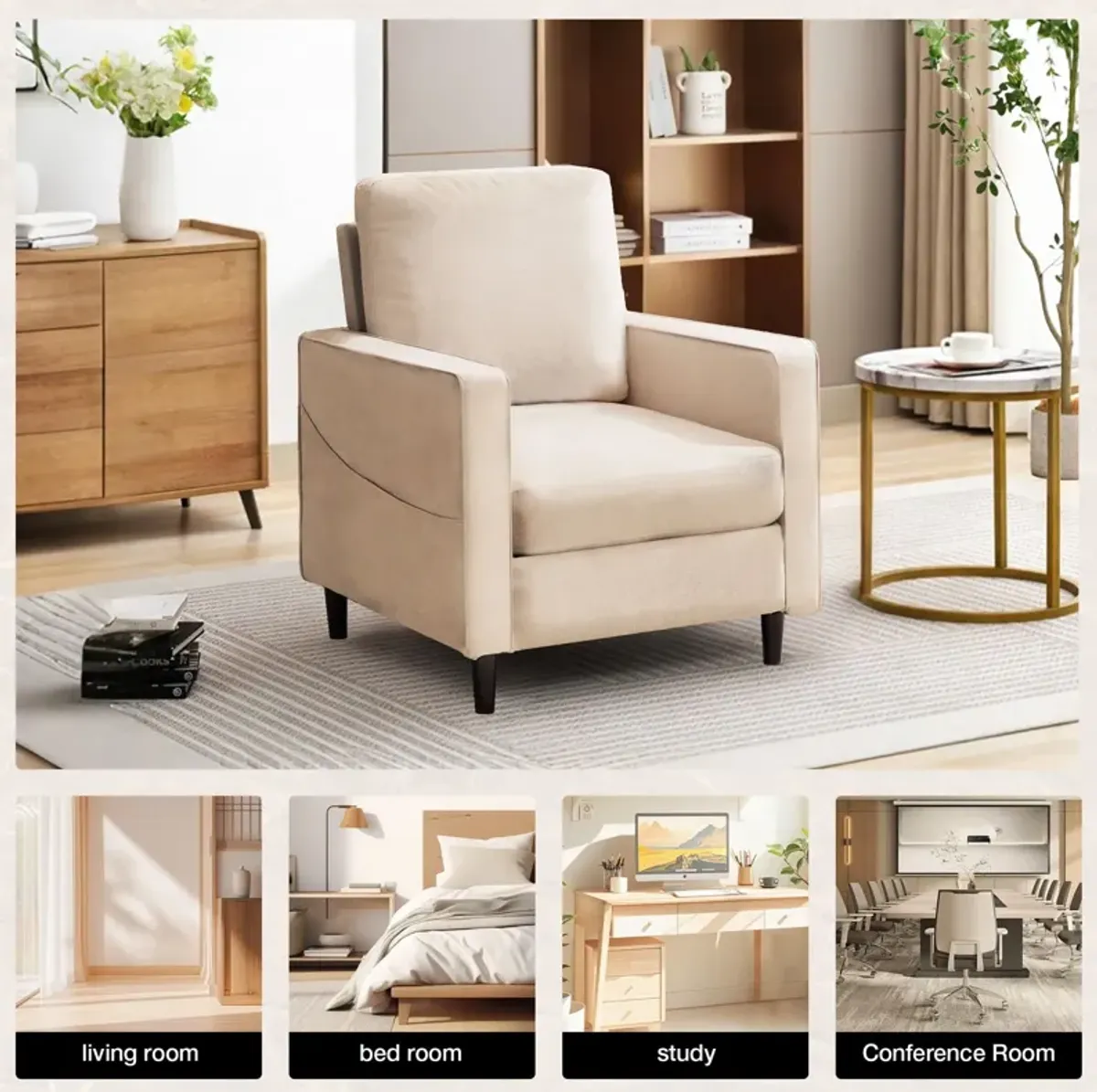 Mid-Century Accent Chair, Modern Linen Armchair For Living Room, Double Side Pockets, , Comfortable And Padded Reading Feature Sofa Chair, Suitable For Bedrooms, Living Rooms, And Offices - Beige