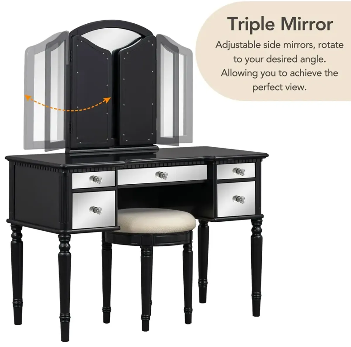 Dressing Table Set With Mirrored Drawers And Stool, Tri-Fold Mirror, Makeup Vanity Set For Bedroom