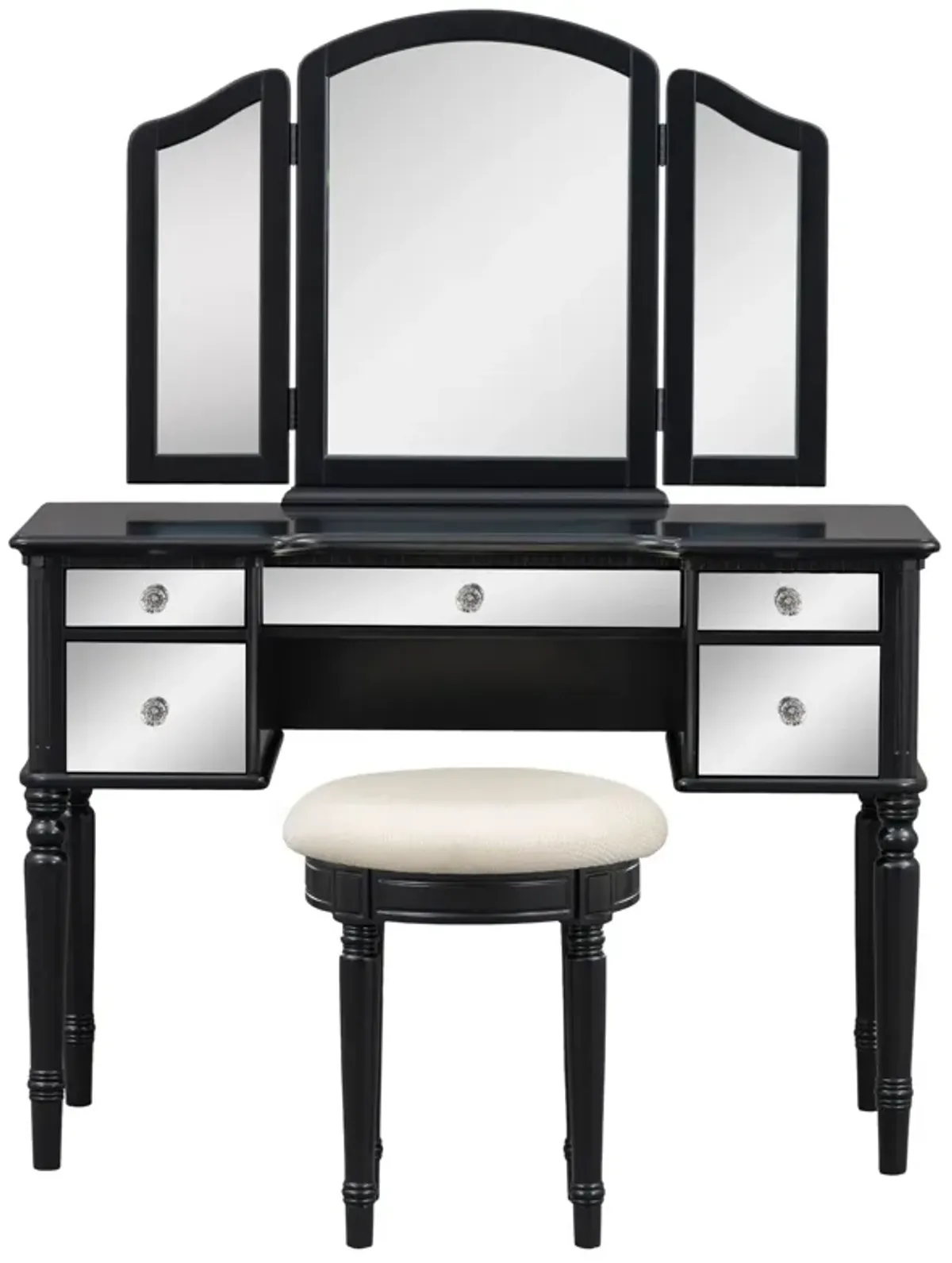 Dressing Table Set With Mirrored Drawers And Stool, Tri-Fold Mirror, Makeup Vanity Set For Bedroom