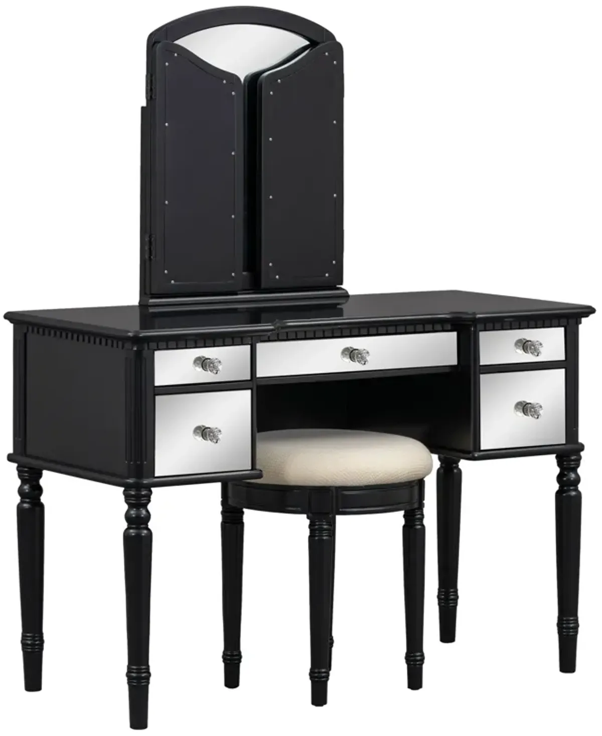 Dressing Table Set With Mirrored Drawers And Stool, Tri-Fold Mirror, Makeup Vanity Set For Bedroom