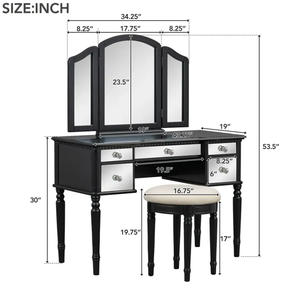 Dressing Table Set With Mirrored Drawers And Stool, Tri-Fold Mirror, Makeup Vanity Set For Bedroom