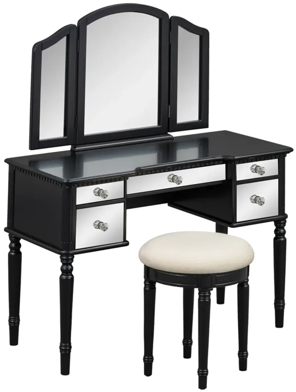 Dressing Table Set With Mirrored Drawers And Stool, Tri-Fold Mirror, Makeup Vanity Set For Bedroom