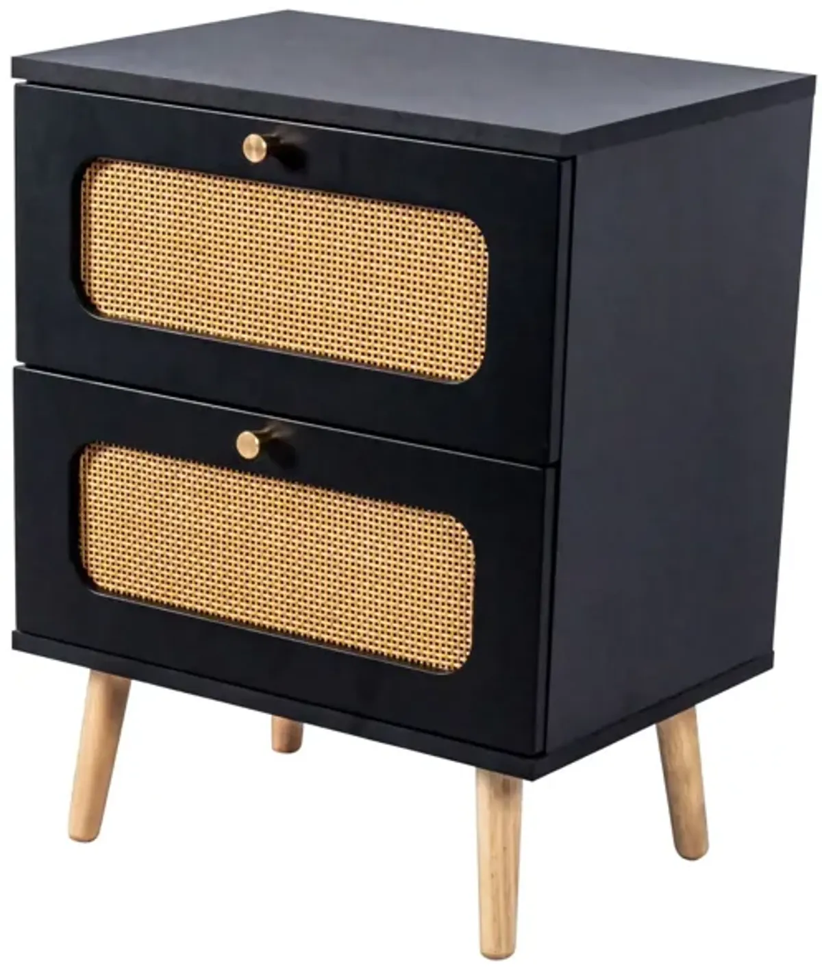 2 Drawer Rattan Nightstand For Bedroom And Living Room, End Table, Side Table With 2 Hand Made Rattan Decorated Drawers - Black