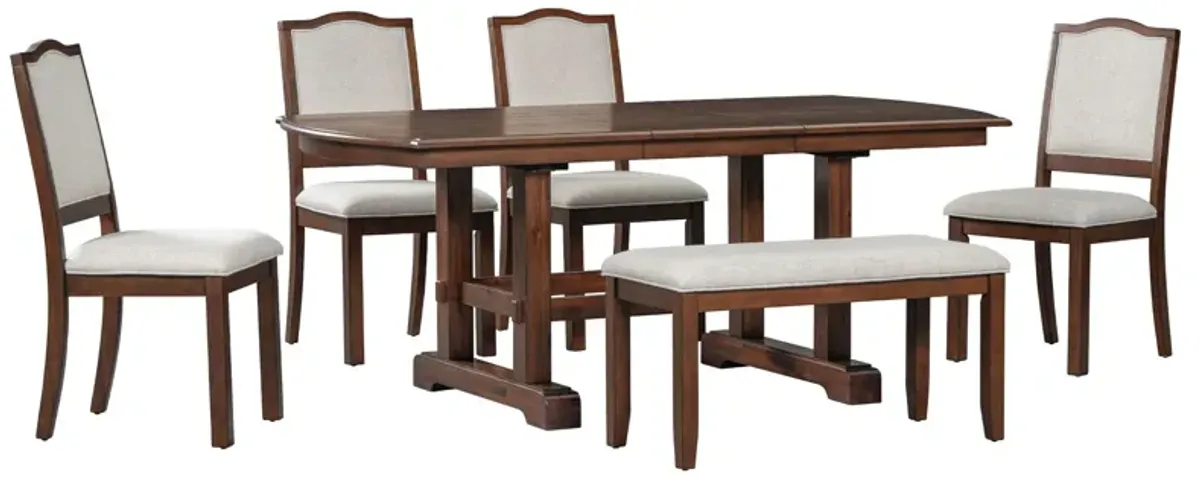 Extendable Wood Dining Table With Removable Leaf, Kitchen Table Set With 4 Upholstered Side Chair And Bench, Dining Table Set For 6 - Cherry