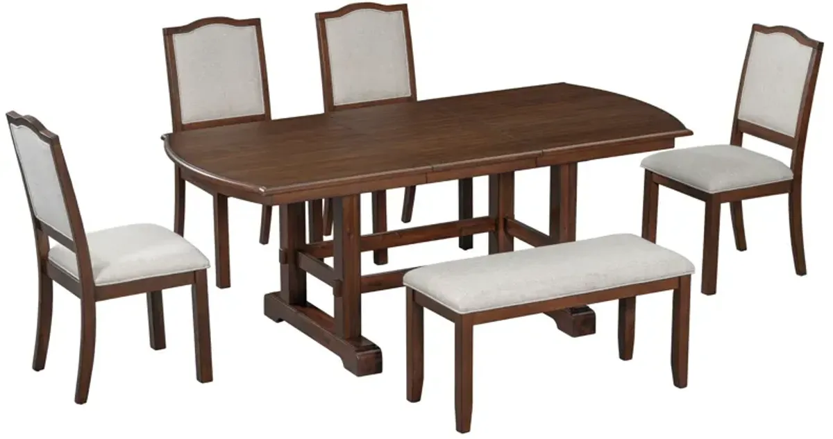 Extendable Wood Dining Table With Removable Leaf, Kitchen Table Set With 4 Upholstered Side Chair And Bench, Dining Table Set For 6 - Cherry