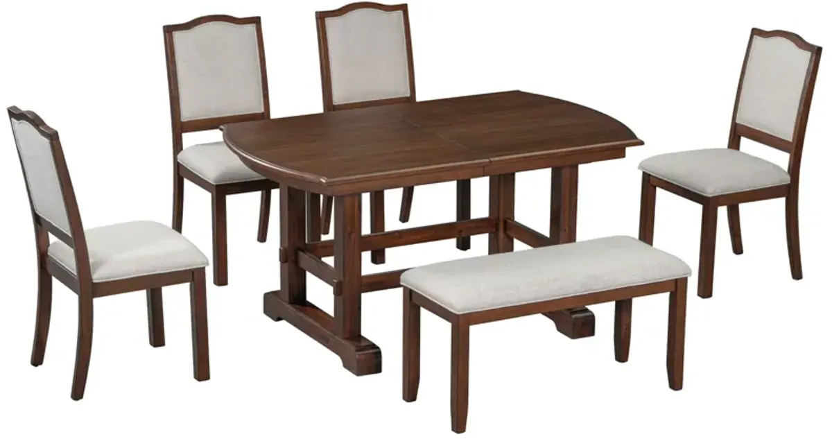 Extendable Wood Dining Table With Removable Leaf, Kitchen Table Set With 4 Upholstered Side Chair And Bench, Dining Table Set For 6 - Cherry