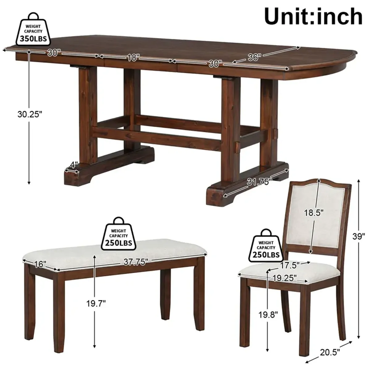 Extendable Wood Dining Table With Removable Leaf, Kitchen Table Set With 4 Upholstered Side Chair And Bench, Dining Table Set For 6 - Cherry