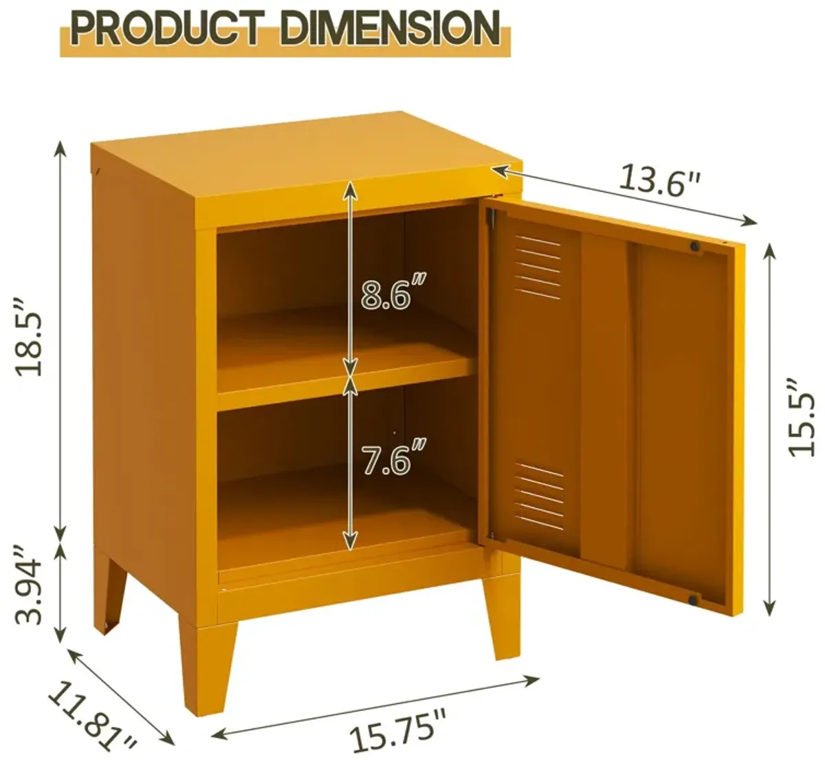 Modern Nightstand Durable Metal Bedside Storage Cabinet With Shelf, End Side Table For Living Room And Bedroom - Yellow