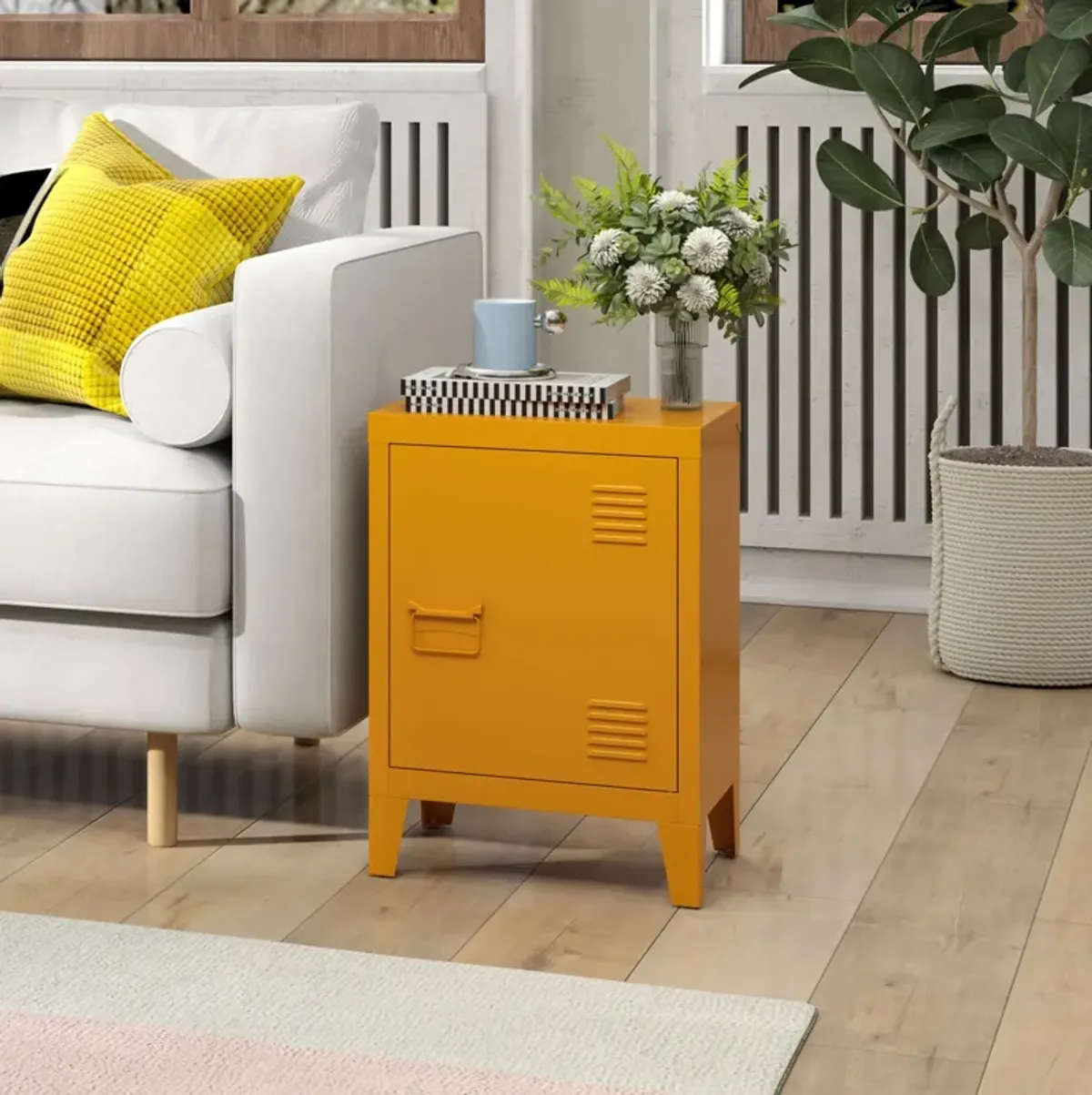 Modern Nightstand Durable Metal Bedside Storage Cabinet With Shelf, End Side Table For Living Room And Bedroom - Yellow