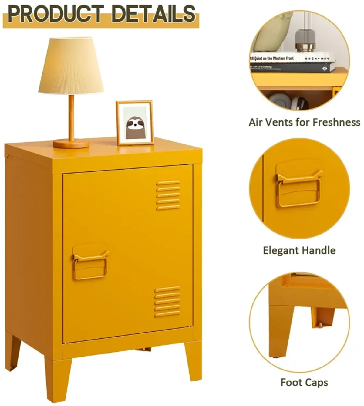 Modern Nightstand Durable Metal Bedside Storage Cabinet With Shelf, End Side Table For Living Room And Bedroom - Yellow