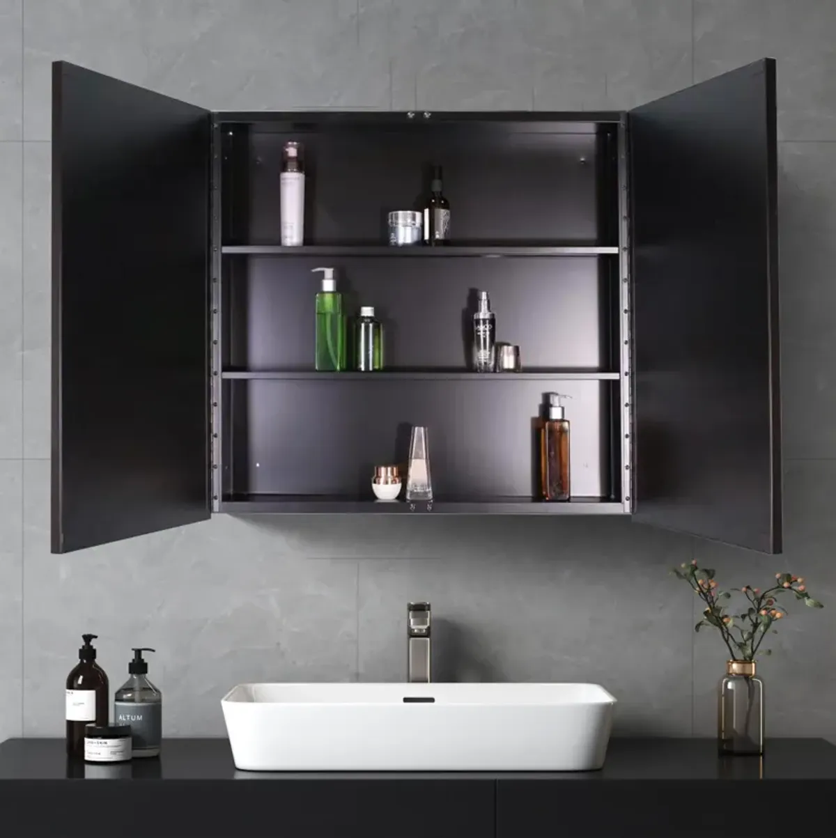 26X30" Black Metal Framed Wall Mount Or Recessed Bathroom Medicine Cabinet With Mirror - Black