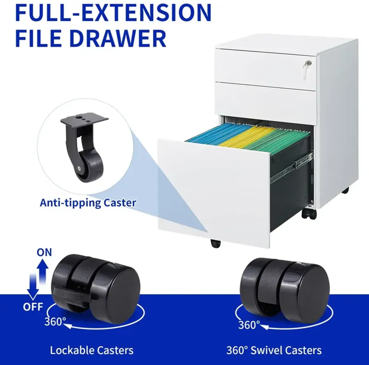 3 Drawer Mobile File Cabinet With Lock Steel File Cabinet For Legal / Letter / A4 / F4 Size, Home / Office Design