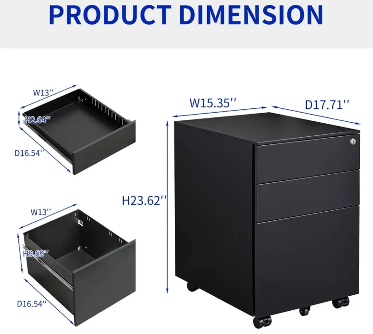 3 Drawer Mobile File Cabinet With Lock Steel File Cabinet For Legal / Letter / A4 / F4 Size, Home / Office Design