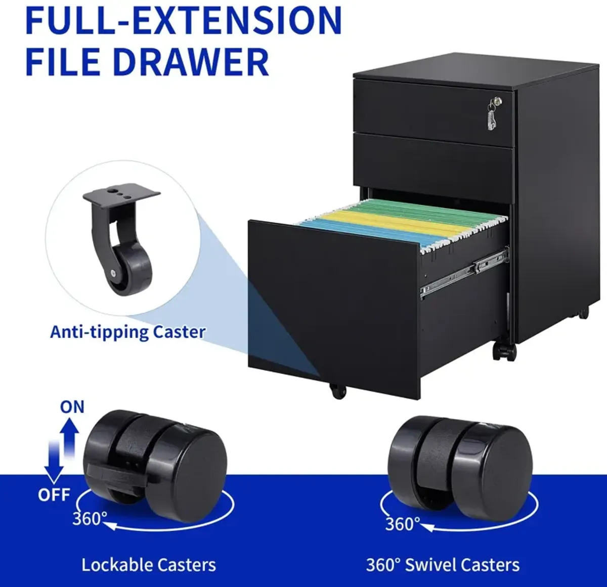 3 Drawer Mobile File Cabinet With Lock Steel File Cabinet For Legal / Letter / A4 / F4 Size, Home / Office Design