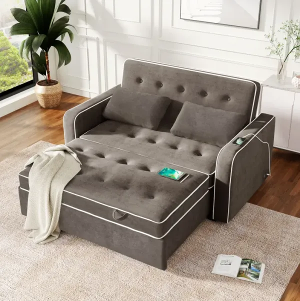 Upholstered Sleeper Bed, Pull Out Sofa Bed Couch Attached Two Throw Pillows, Dual USB Charging Port And Adjustable Backrest