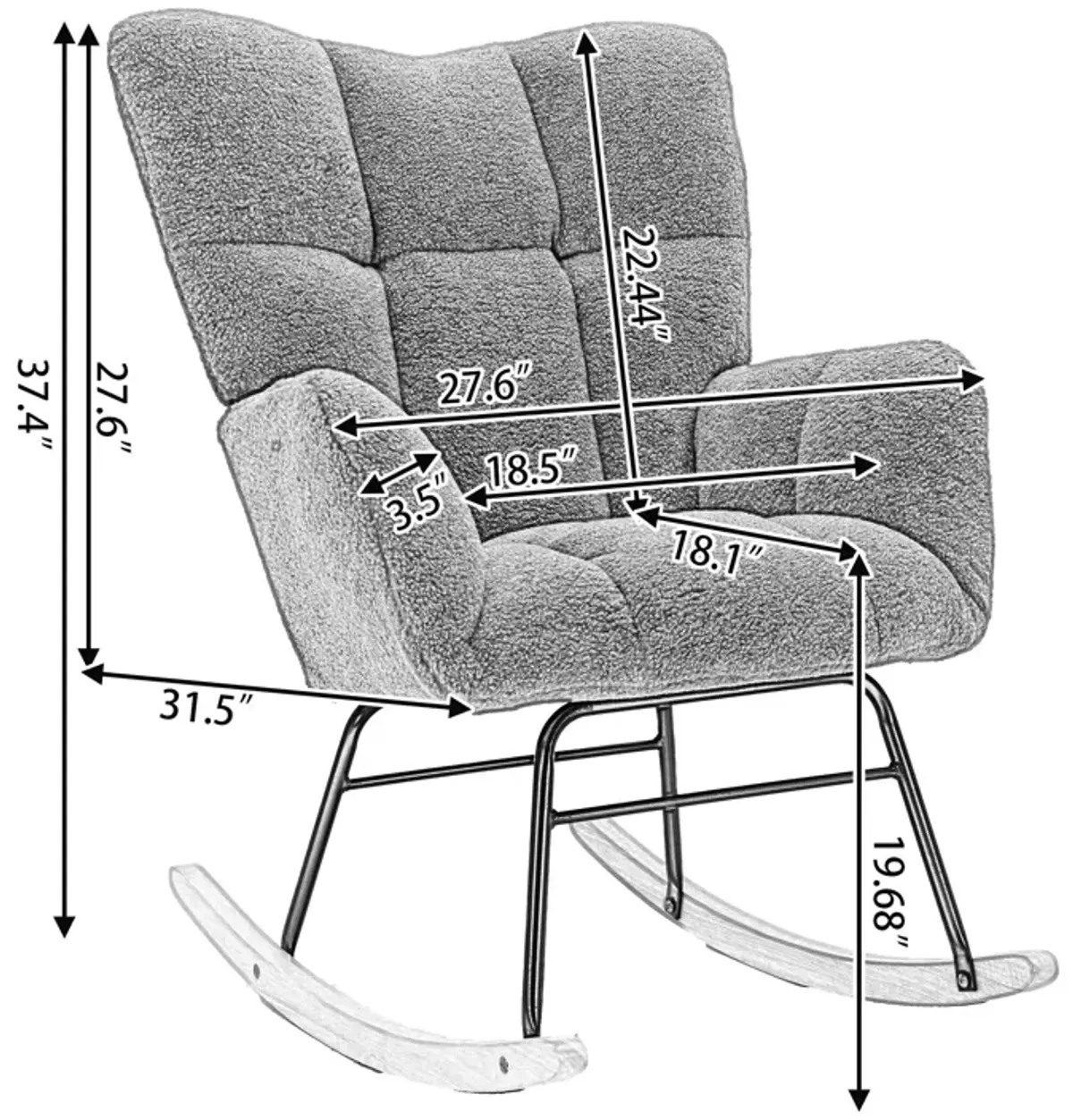 Mid-Century Modern Teddy Fabric Tufted Upholstered Rocking Chair Padded Seat For Living Room Bedroom