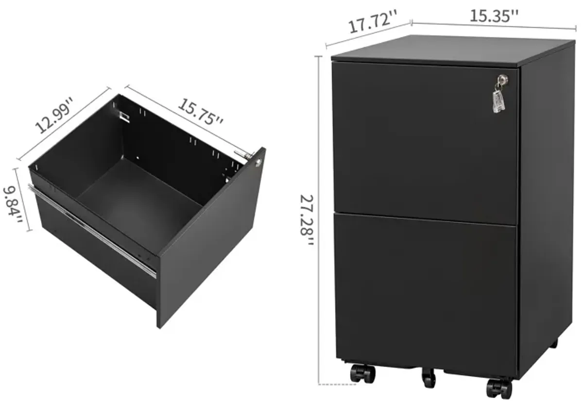 2 Drawer File Cabinet With Lock, Steel Mobile Filing Cabinet On Anti - Tilt Wheels, Rolling Locking Office Cabinets Under Desk For Legal / Letter Size