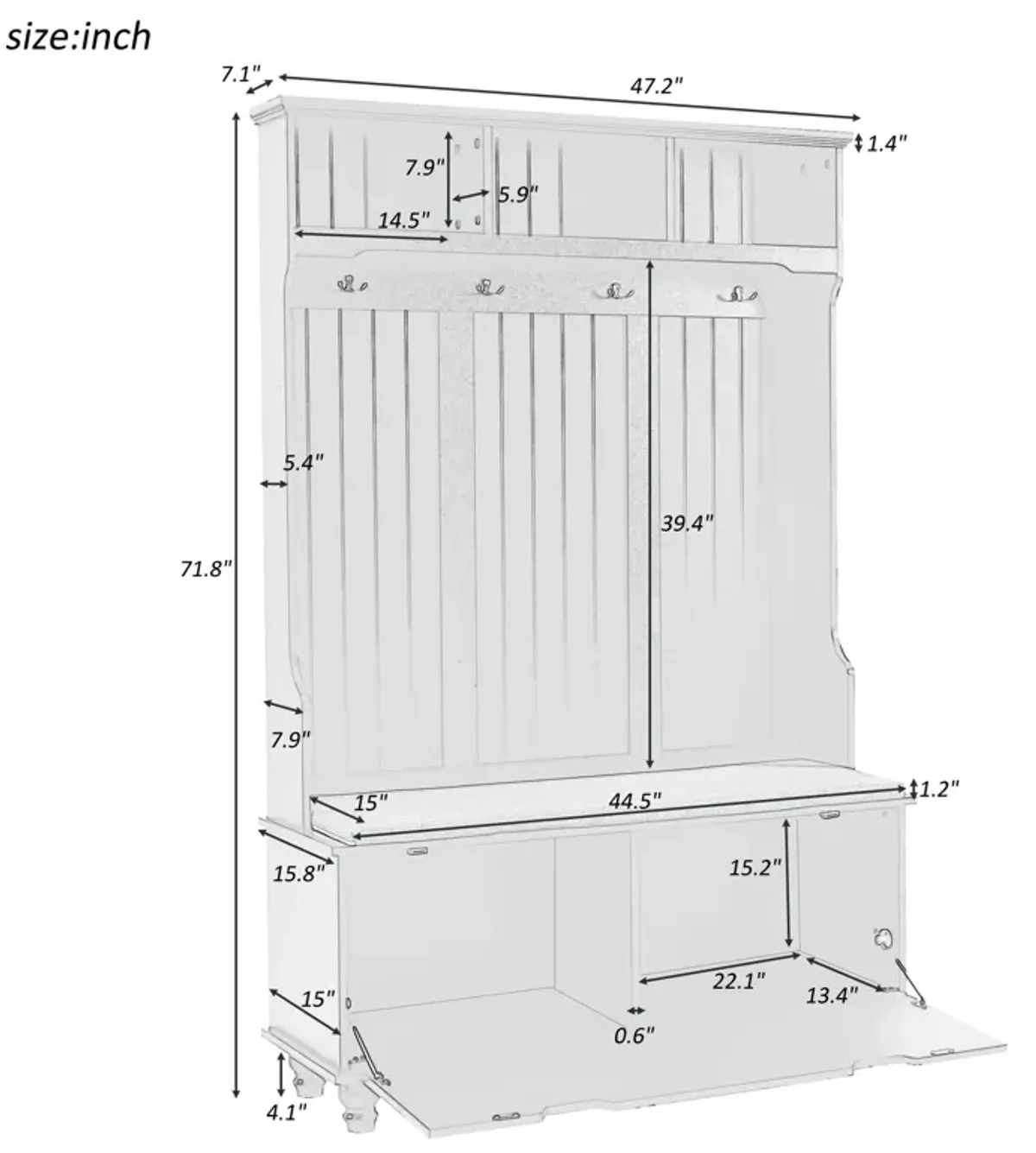 4 In 1 Entryway Bench With Coat Rack, Cushion And 4 Sturdy Hooks, Wide Hall Tree With Storage Bench For Hallway, Entryway, Living Room