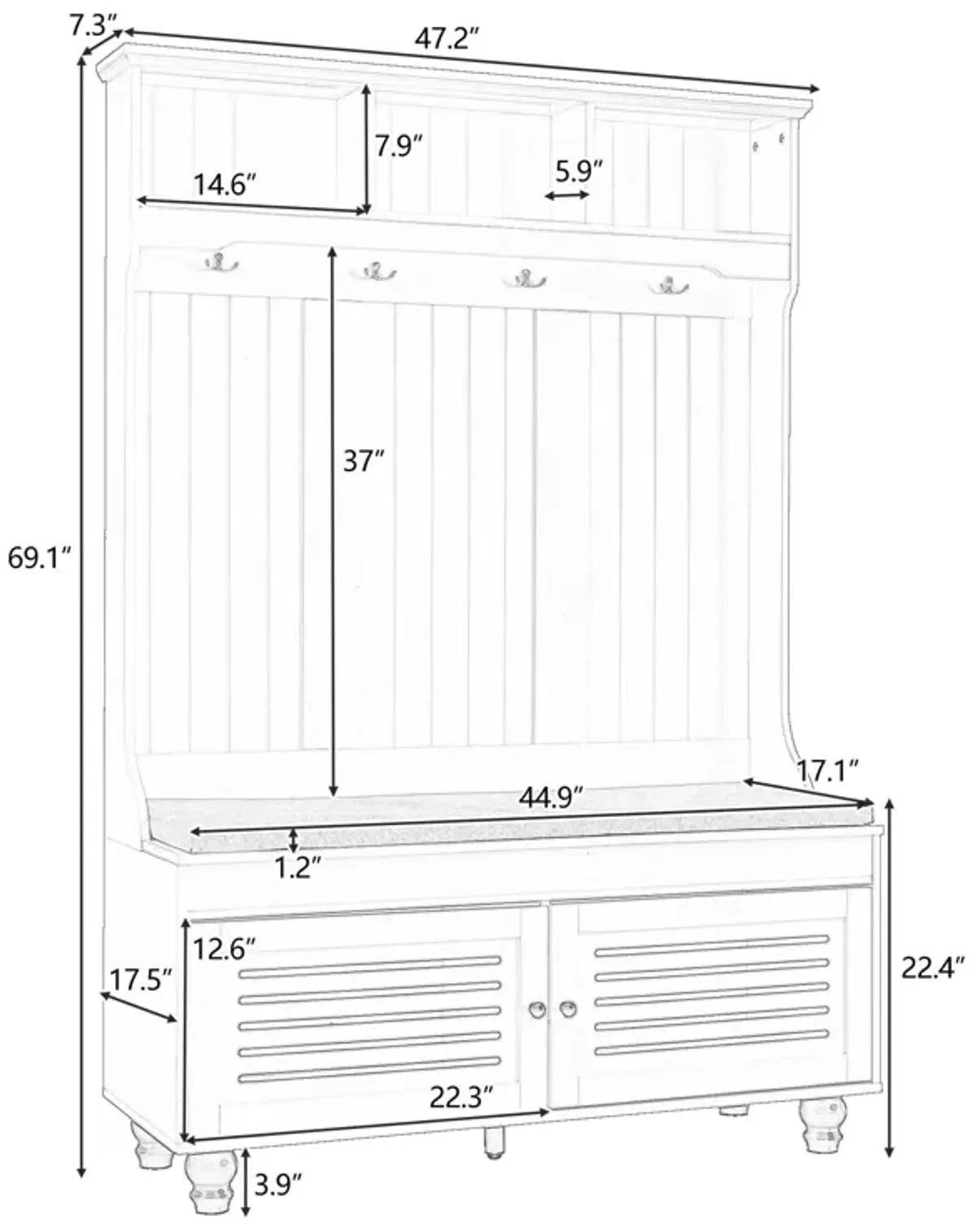 5 In 1 Entryway Bench With Shutter - Shaped Doors, Coat Rack, Cushion And 4 Sturdy Hooks, Wide Hall Tree With Storage Bench For Hallway, Entryway, Living Room