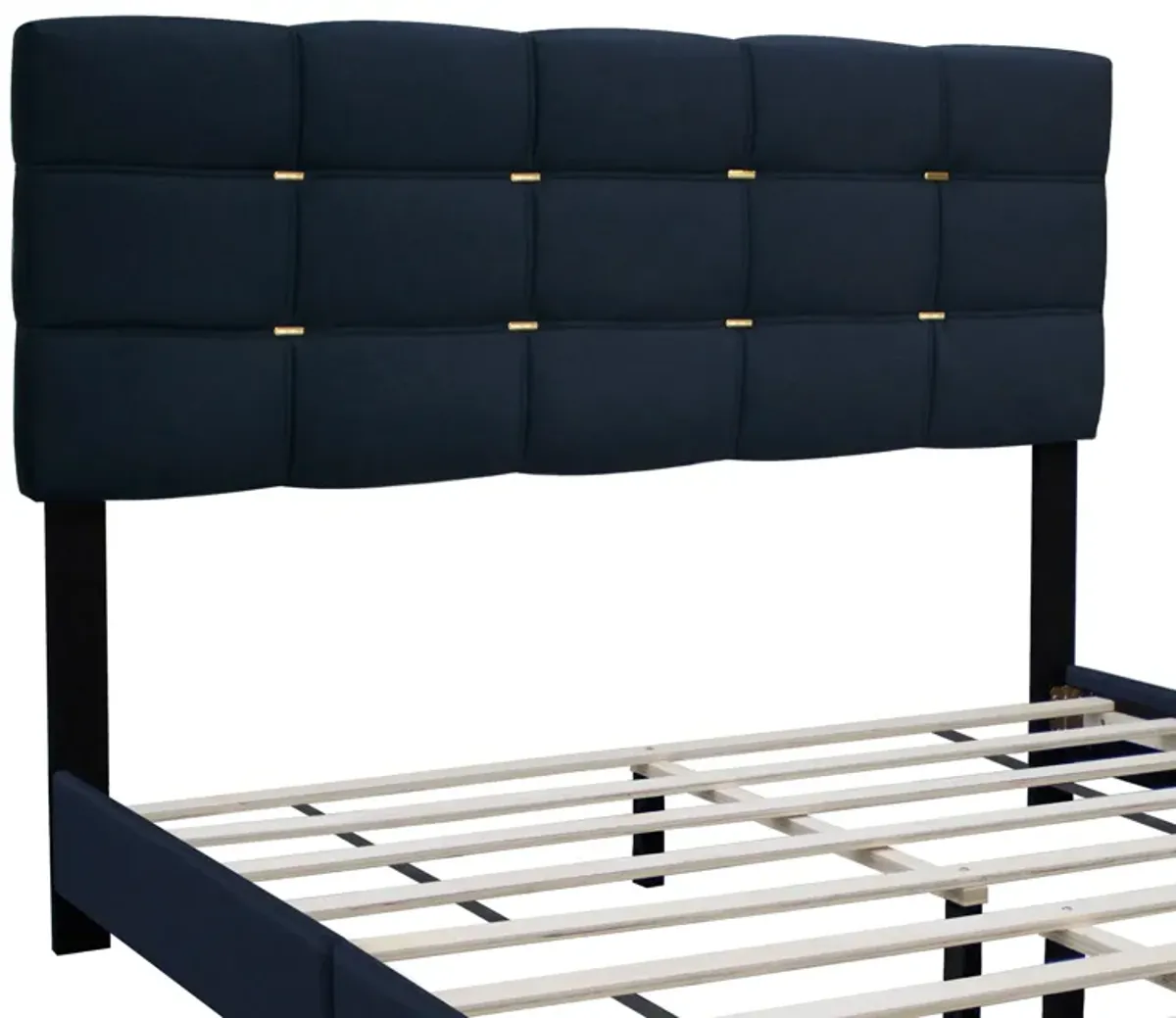 The Series Queen Size Adjustable Upholstered Bed Frame With Accents On The Headboard Has An Elegant Look And Requires No Springs - Black