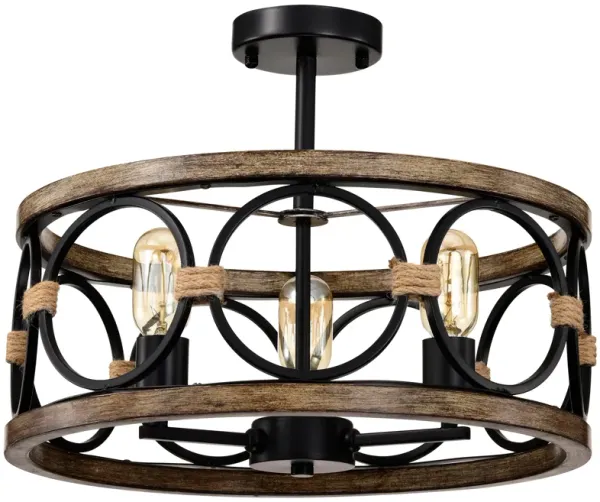 3 Light Drum Chandelier Farmhouse Chandelier Modern Pendant Light Fixtures For Kitchen Lighting Fixture For Dining Room, Foyer, Entry, Staircase, Hallway - Matte Black / Wood