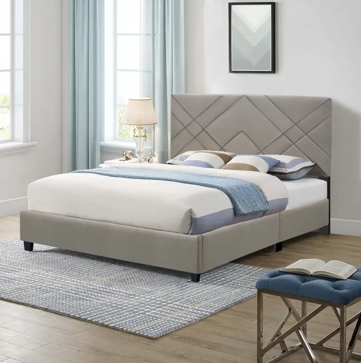 Queen Size Adjustable Upholstered Bed Frame Stain Resistant Cleans Up With A Light Wipe Simple Design Suitable For Any Room