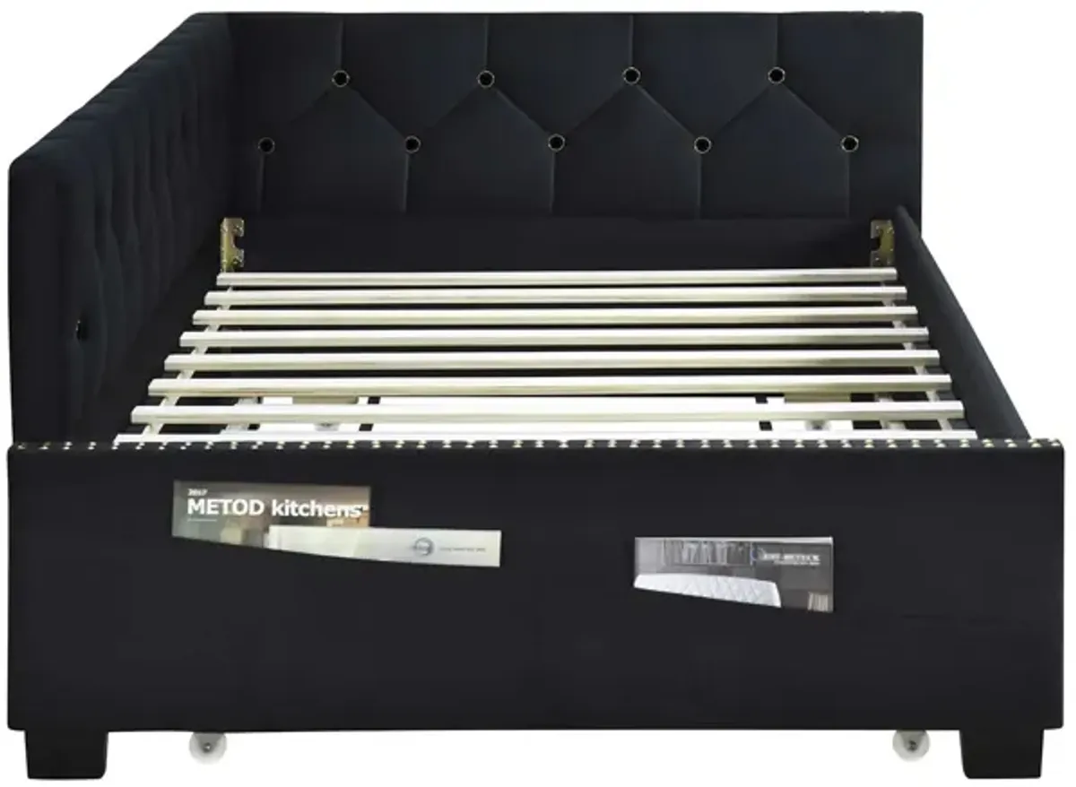 Upholstered Twin Size Daybed Bed Frame (Corner Bed) With Trundle, Velvet Fabric, Studding Design, No Box Spring Required