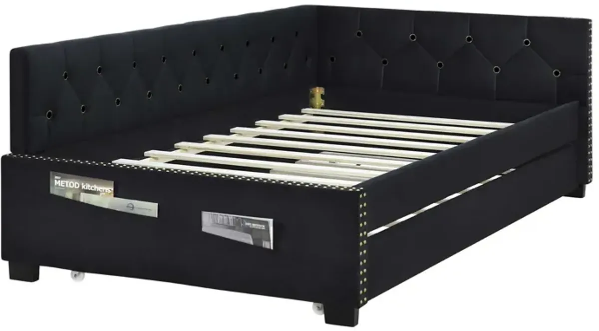 Upholstered Twin Size Daybed Bed Frame (Corner Bed) With Trundle, Velvet Fabric, Studding Design, No Box Spring Required