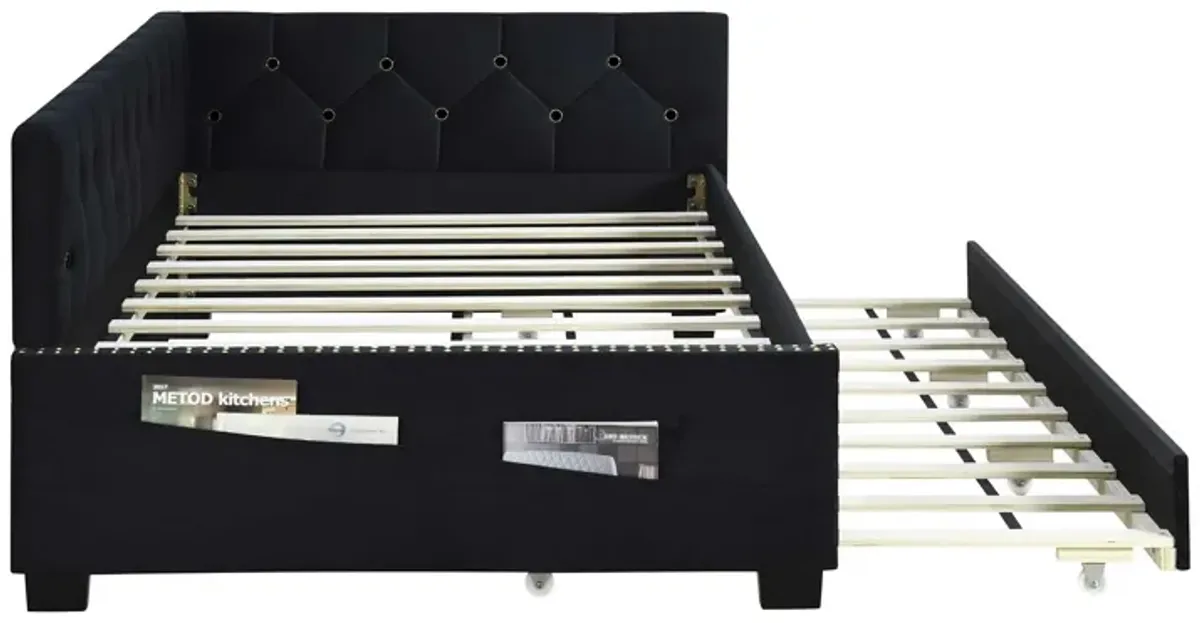 Upholstered Twin Size Daybed Bed Frame (Corner Bed) With Trundle, Velvet Fabric, Studding Design, No Box Spring Required