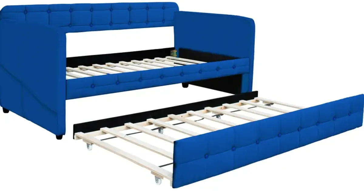 Upholstered Twin Size Daybed Bed Frame (Corner Bed) With Trundle, Velvet Fabric, Studding Design, No Box Spring Required