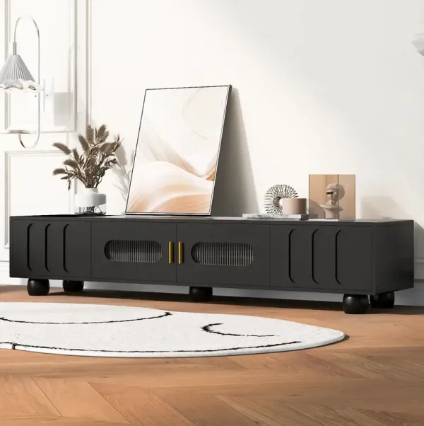 Modern TV Stand For TVs Up To 80", Entertainment Center With Glass Door, 2 Drawers And Cabinets, Wood TV Storage Cabinet With Solid Wood Legs And Metal Handles For Living Room